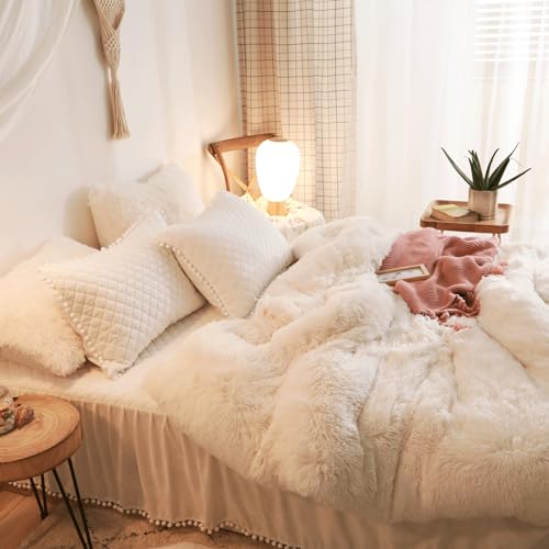 HAIHUA Shaggy Beige Comforter Cover Twin Set, Faux Fur Beige Twin Bedding Set 2 Pieces (1 Fuzzy Duvet Cover + 1 Fluffy Plush Pillow Cases) Plush Bed Set, Fluffy Bed Set, Zipper Closure - Image 3