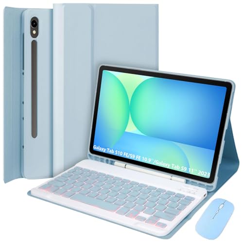 EHLCYS Keyboard Case for Samsung Galaxy Tab S10 Lite/S10 FE/S9 FE 10.9 Inch/Galaxy Tab S9 11 Inch 2023, Mouse and 7-Color Backlit Detachable Bluetooth Keyboard, Ultra-Thin Cover with S Pen Holder (Blue) - Image 1