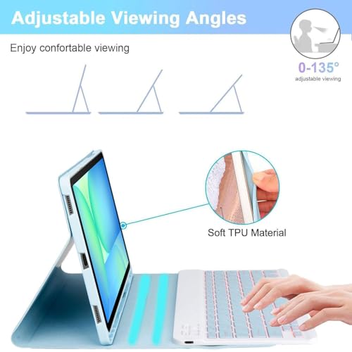 EHLCYS Keyboard Case for Samsung Galaxy Tab S10 Lite/S10 FE/S9 FE 10.9 Inch/Galaxy Tab S9 11 Inch 2023, Mouse and 7-Color Backlit Detachable Bluetooth Keyboard, Ultra-Thin Cover with S Pen Holder (Blue) - Image 5