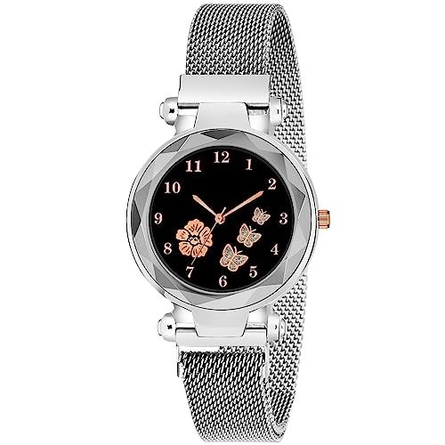 CERO New Flower Butterfly Dial Mgnetic Strap Girls Analogue Watch for Woman (Silver) - Image 1