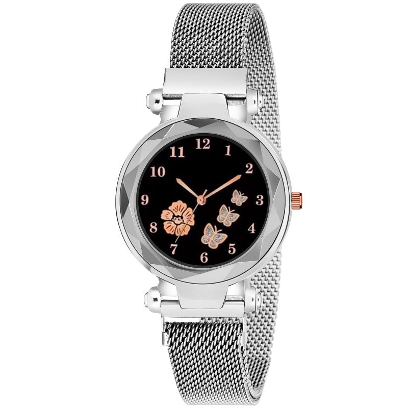 CERO New Flower Butterfly Dial Mgnetic Strap Girls Analogue Watch for Woman (Silver) - Image 4