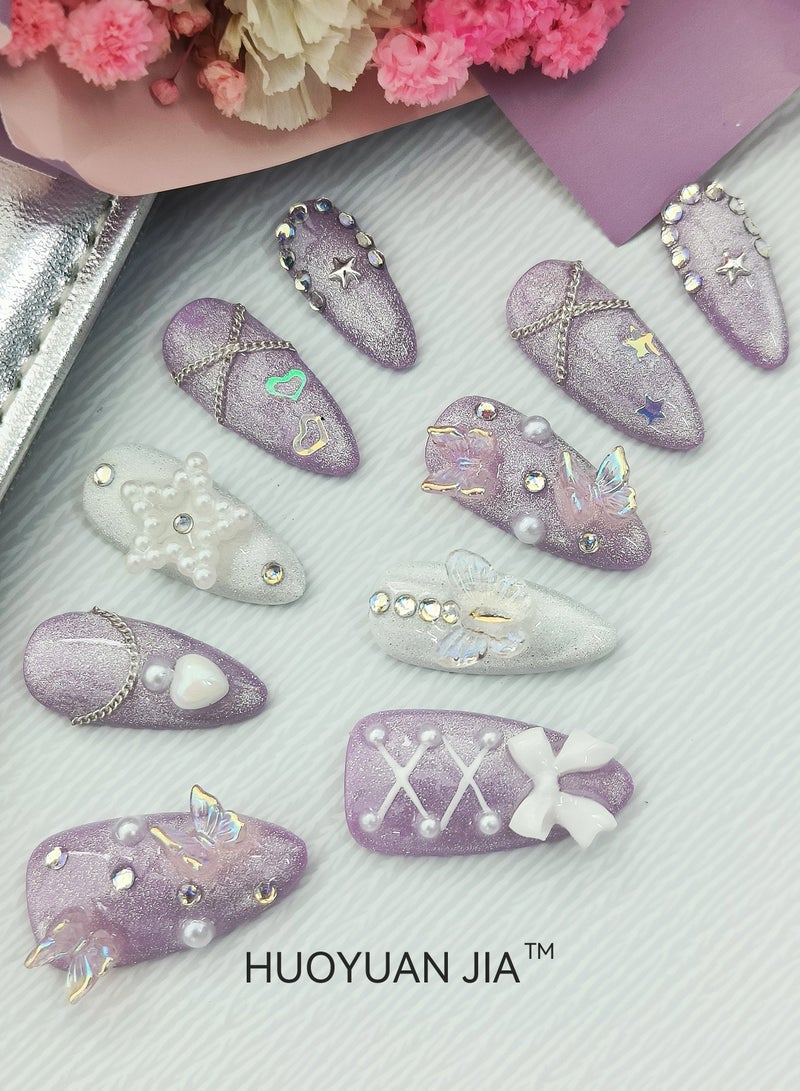 HUOYUAN JIA 10 Pieces Handmade Press On Nails,Reusable and Removable Almond Shaped French Style Fake Nails,Sparkling Purple and White Design,Butterfly, Peach Heart, Bow, Pearl and Star Decorations,Comes with A Rubbing Strip and A Piece of Jelly Glue for Fashionable Women's Holiday Gifts,Fake Nail Set  - Image 1