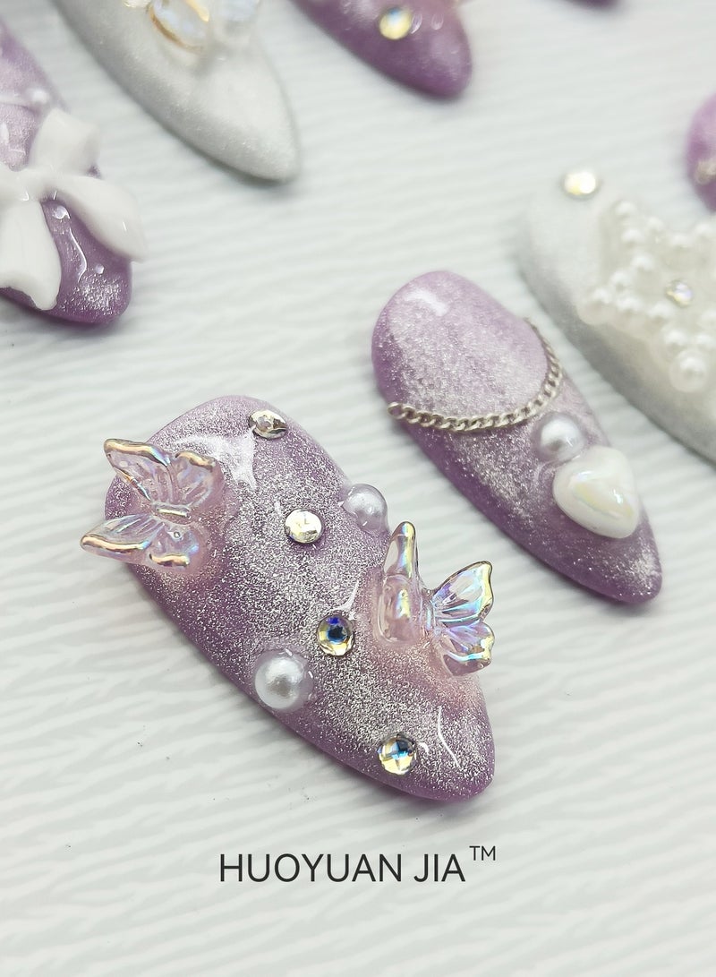 HUOYUAN JIA 10 Pieces Handmade Press On Nails,Reusable and Removable Almond Shaped French Style Fake Nails,Sparkling Purple and White Design,Butterfly, Peach Heart, Bow, Pearl and Star Decorations,Comes with A Rubbing Strip and A Piece of Jelly Glue for Fashionable Women's Holiday Gifts,Fake Nail Set  - Image 3