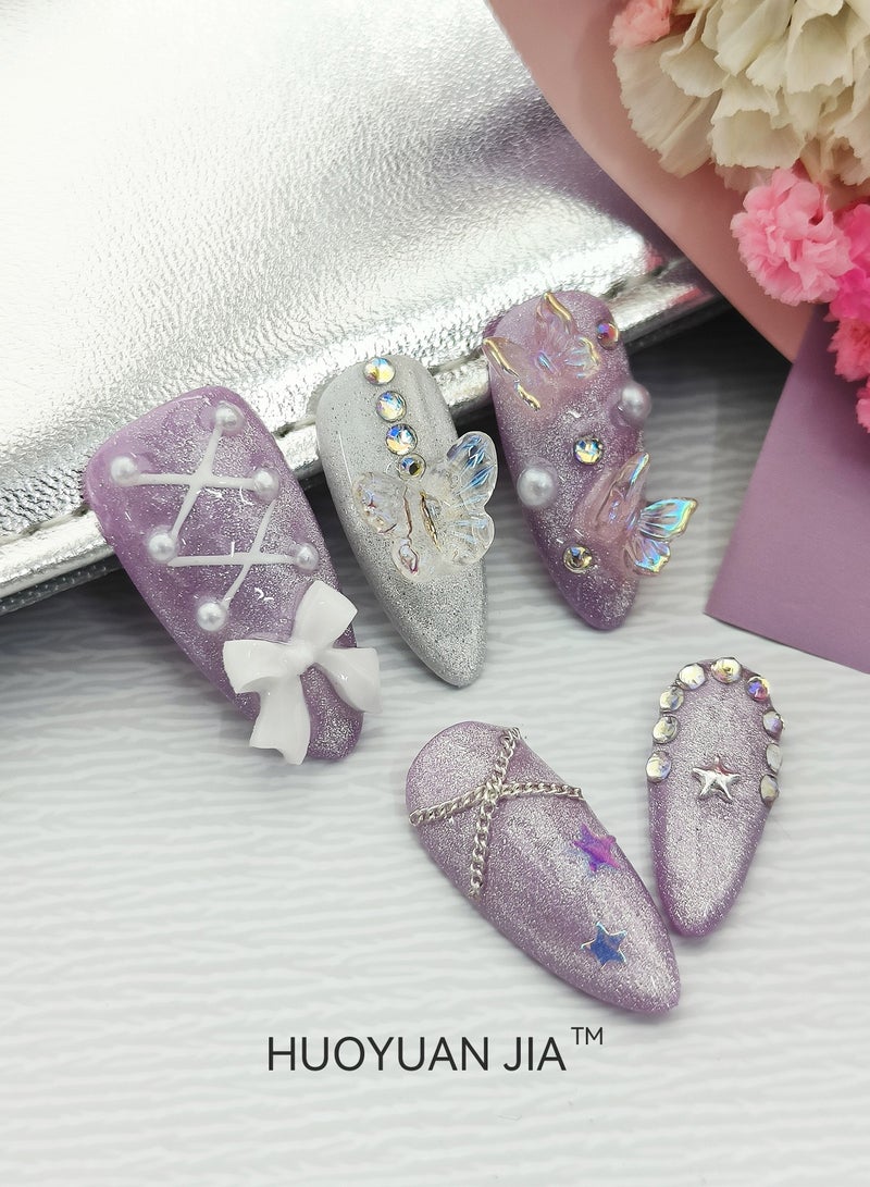 HUOYUAN JIA 10 Pieces Handmade Press On Nails,Reusable and Removable Almond Shaped French Style Fake Nails,Sparkling Purple and White Design,Butterfly, Peach Heart, Bow, Pearl and Star Decorations,Comes with A Rubbing Strip and A Piece of Jelly Glue for Fashionable Women's Holiday Gifts,Fake Nail Set  - Image 4