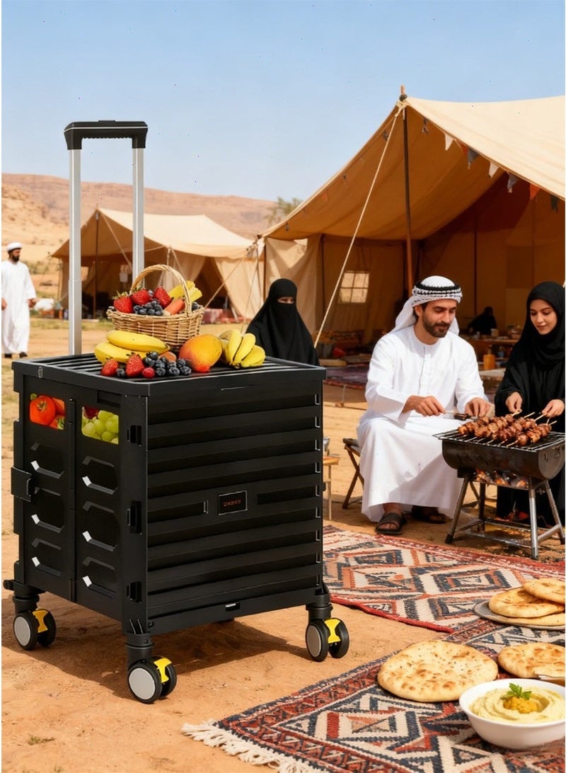 عربة تسوق قابلة للطي بعجلات - صامتة ومقاومة للاحتكاك، بمقبض تلسكوبي للسفر والنزهة والتسوق (أسود) - Image 2