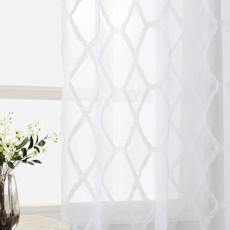 White Sheer Curtains 84 Inches Long 2 Panels for Living Room Back Tab Textured Privacy Window Curtains Embroidered Fluffy Tufted Diamond Curtain Drapes for Nursery Bedroom Boho Farmhouse Decor 52x84