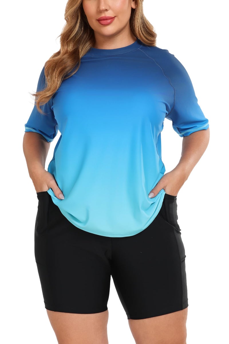 Halcurt Women Plus Size 2 Piece Swim Sets Bathing Suit Short Sleeve Rash Guard with Boyleg Bottoms Ombre Blue 3X