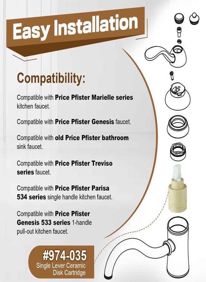 Enhon Single Lever Ceramic Disk Cartridge Compatible with 974-035/974-0350, Compatible with Price Pfister Marielle Kitchen Faucet, Faucet Cartridge Replacement - Image 4
