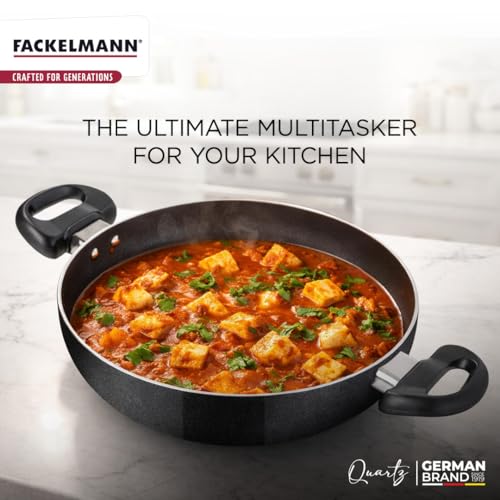FACKELMANN Quartz Nonstick Kadai w Glass Lid 26Cm | Greblon German Technology | Non-Toxic PFOA & BPA-Free | Induction Base - All Stoves | Anti-Scratch, Cool Handle, Even Heating - Image 3
