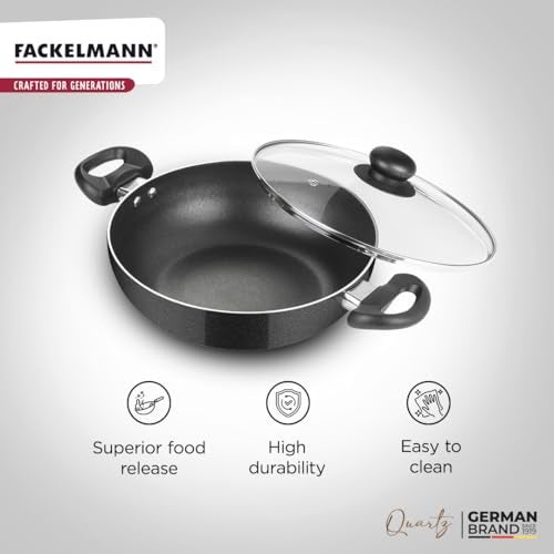 FACKELMANN Quartz Nonstick Kadai w Glass Lid 26Cm | Greblon German Technology | Non-Toxic PFOA & BPA-Free | Induction Base - All Stoves | Anti-Scratch, Cool Handle, Even Heating - Image 4