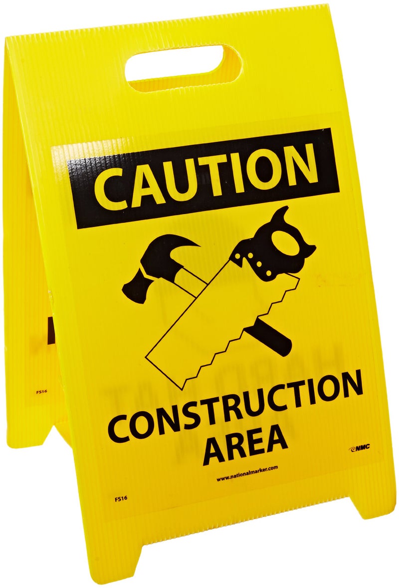 NMC FS16 Double Sided Floor Sign, Legend "CAUTION - HARD HAT AREA CONSTRUCTION AREA" with Graphic, 12" Length x 20" Height, Coroplast, Black on Yellow - Image 1