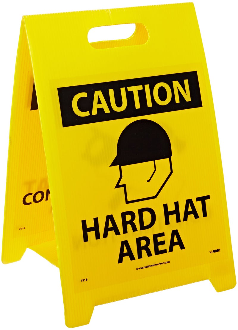 NMC FS16 Double Sided Floor Sign, Legend "CAUTION - HARD HAT AREA CONSTRUCTION AREA" with Graphic, 12" Length x 20" Height, Coroplast, Black on Yellow - Image 2