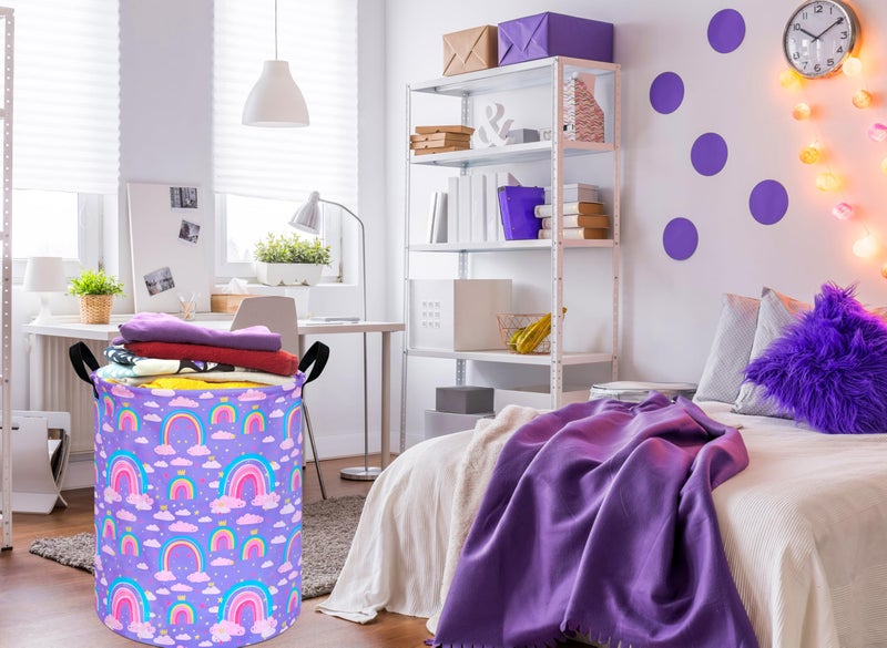 ACMUUNI Collapsible Kids Laundry Basket Clothes Hamper, Foldable Storage Organizer Bin, Toy Clothes Storage with Handles for Boys Girls Bedroom, Room Decor Purple Rainbown - Image 5