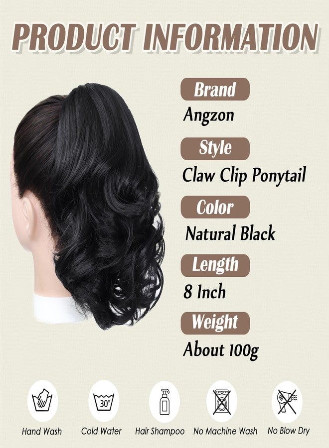 Angzon Ponytail Extension 8 Inch Claw Clip in Ponytail Short Curly Ponytail Extension for Women Messy Bun Fluffy Wavy Curly Synthetic Versatile Natural Black Hairpieces - Image 2
