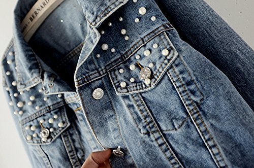 LifeShe Women's Embroidered Pearl Denim Jean Jacket Coat - Image 4