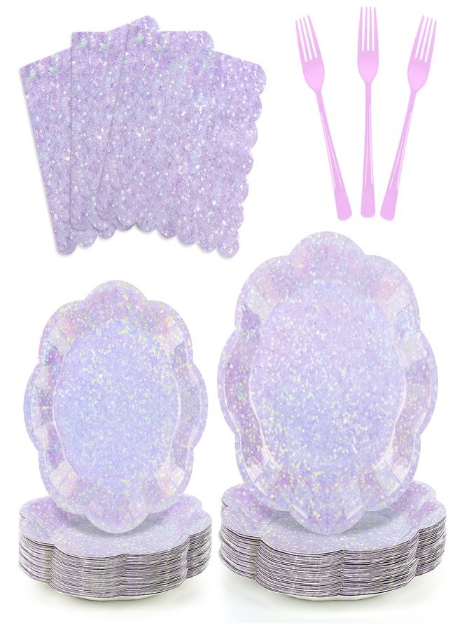 CENLBJ 100pcs Lavender Paper Plates and Napkins Party Supplies,Iridescent Disposable 9inch Plates,7inch Dessert Plates and Napkins and Forks,Holographic Tableware for Birthday Wedding Baby Shower,Serves 25 - Image 1
