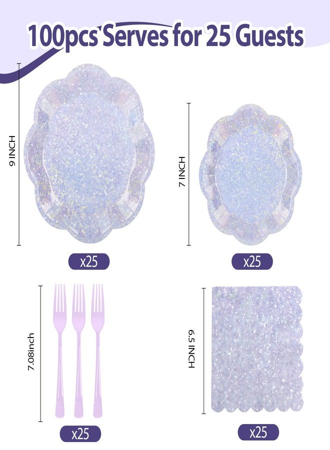 CENLBJ 100pcs Lavender Paper Plates and Napkins Party Supplies,Iridescent Disposable 9inch Plates,7inch Dessert Plates and Napkins and Forks,Holographic Tableware for Birthday Wedding Baby Shower,Serves 25 - Image 3