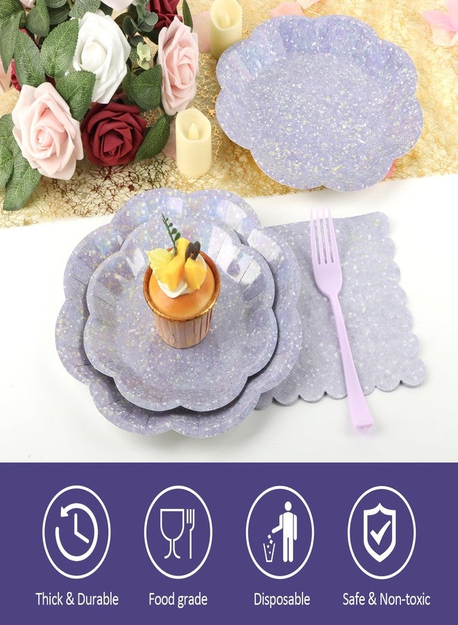 CENLBJ 100pcs Lavender Paper Plates and Napkins Party Supplies,Iridescent Disposable 9inch Plates,7inch Dessert Plates and Napkins and Forks,Holographic Tableware for Birthday Wedding Baby Shower,Serves 25 - Image 4