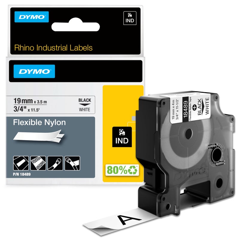 DYMO Rhino Industrial Flexible Nylon Labels, 3/4" x 11.5', Black Print on White Tape - Image 1