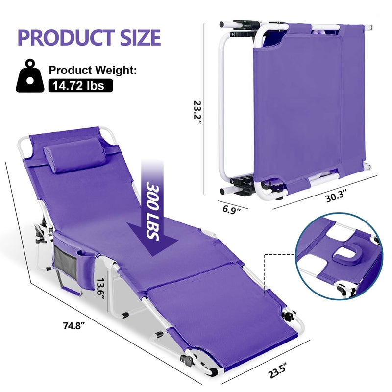 LONGTENW Tanning Chair with Face Hole, Adjustable Folding Chaise Lounge Chairs for Outside with Detachable Pillow & Pocketï¼ŒPortable flat beach chairs for sunbathing, beach lawns camping (Purple, Standard) - Image 4