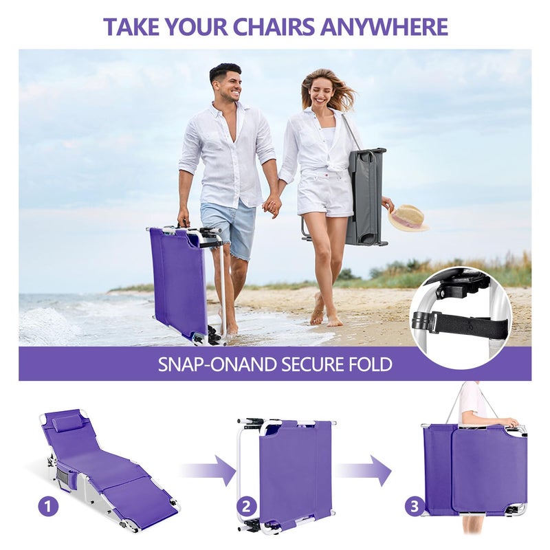 LONGTENW Tanning Chair with Face Hole, Adjustable Folding Chaise Lounge Chairs for Outside with Detachable Pillow & Pocketï¼ŒPortable flat beach chairs for sunbathing, beach lawns camping (Purple, Standard) - Image 5