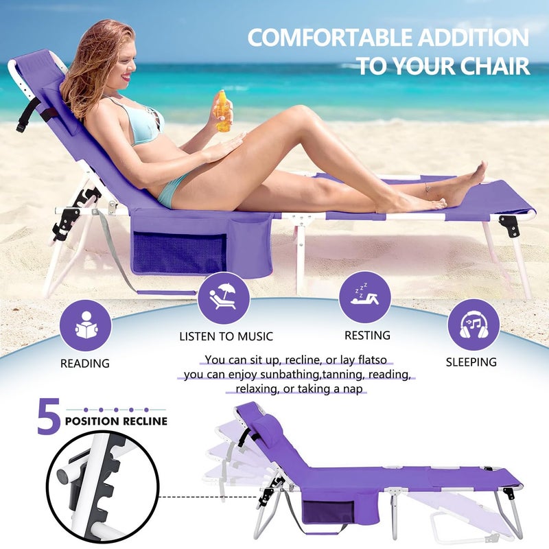 LONGTENW Tanning Chair with Face Hole, Adjustable Folding Chaise Lounge Chairs for Outside with Detachable Pillow & Pocketï¼ŒPortable flat beach chairs for sunbathing, beach lawns camping (Purple, Standard) - Image 3