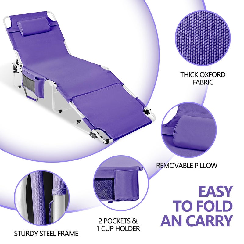 LONGTENW Tanning Chair with Face Hole, Adjustable Folding Chaise Lounge Chairs for Outside with Detachable Pillow & Pocketï¼ŒPortable flat beach chairs for sunbathing, beach lawns camping (Purple, Standard) - Image 2