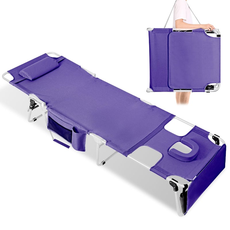 LONGTENW Tanning Chair with Face Hole, Adjustable Folding Chaise Lounge Chairs for Outside with Detachable Pillow & Pocketï¼ŒPortable flat beach chairs for sunbathing, beach lawns camping (Purple, Standard) - Image 1