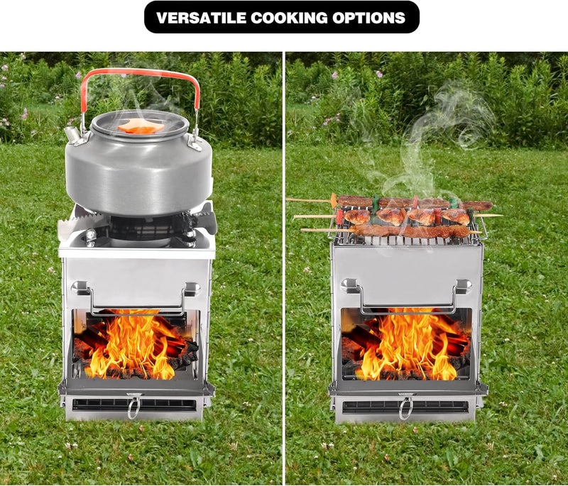 CAMPMAX Large Portable Camping Wood Stove for Cooking, 304 Stainless Steel Folding Lightweight Wood Burning Stove with Grid and Pot Stand for Outdoor Camping Hiking Backpacking BBQ Picnic - Image 2