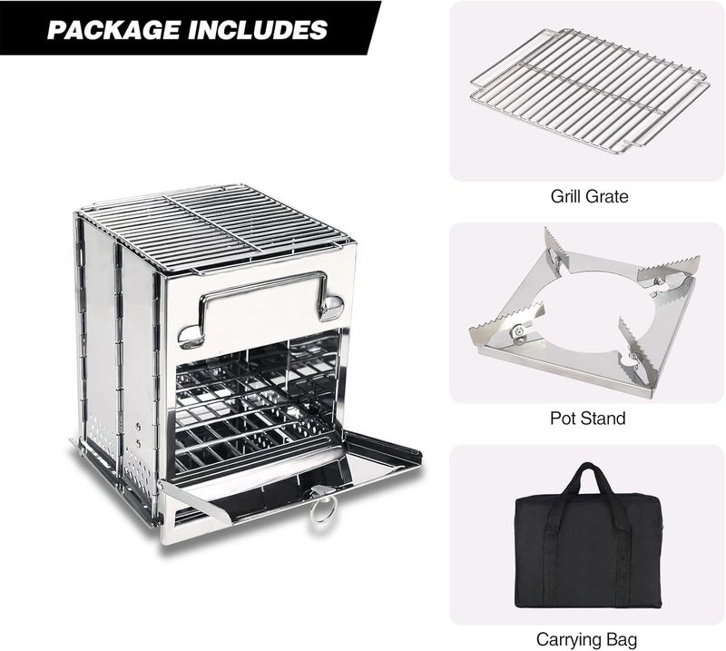 CAMPMAX Large Portable Camping Wood Stove for Cooking, 304 Stainless Steel Folding Lightweight Wood Burning Stove with Grid and Pot Stand for Outdoor Camping Hiking Backpacking BBQ Picnic - Image 4