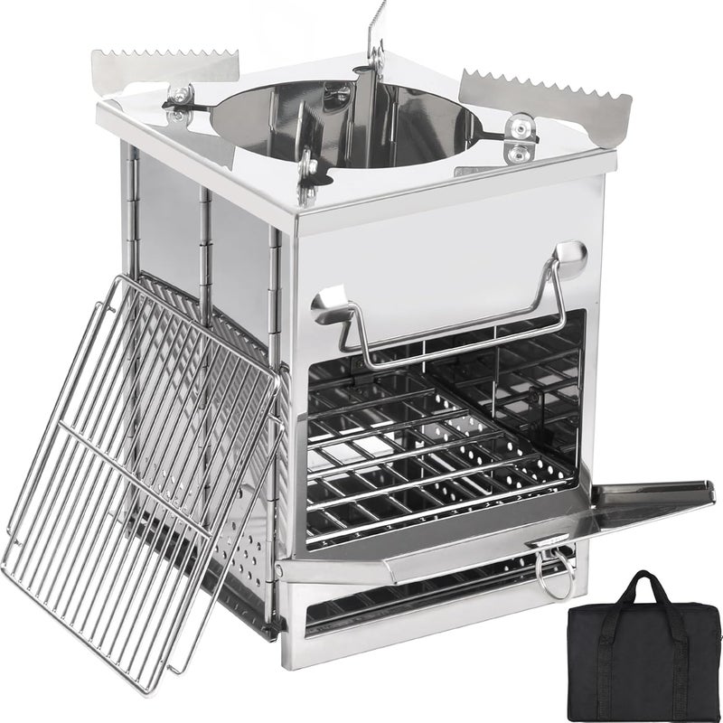 CAMPMAX Large Portable Camping Wood Stove for Cooking, 304 Stainless Steel Folding Lightweight Wood Burning Stove with Grid and Pot Stand for Outdoor Camping Hiking Backpacking BBQ Picnic - Image 1