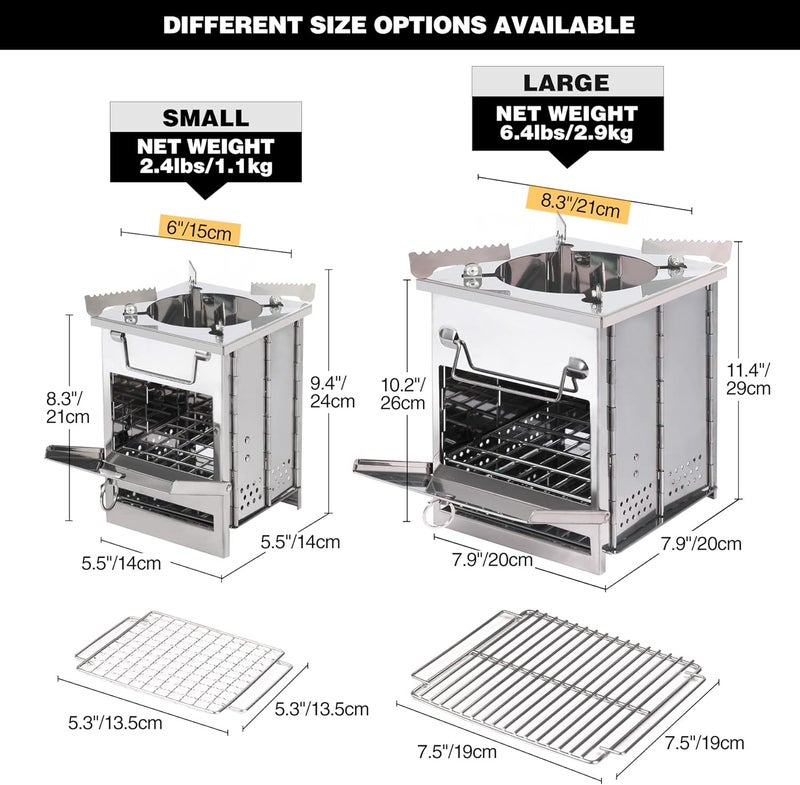 CAMPMAX Large Portable Camping Wood Stove for Cooking, 304 Stainless Steel Folding Lightweight Wood Burning Stove with Grid and Pot Stand for Outdoor Camping Hiking Backpacking BBQ Picnic - Image 3