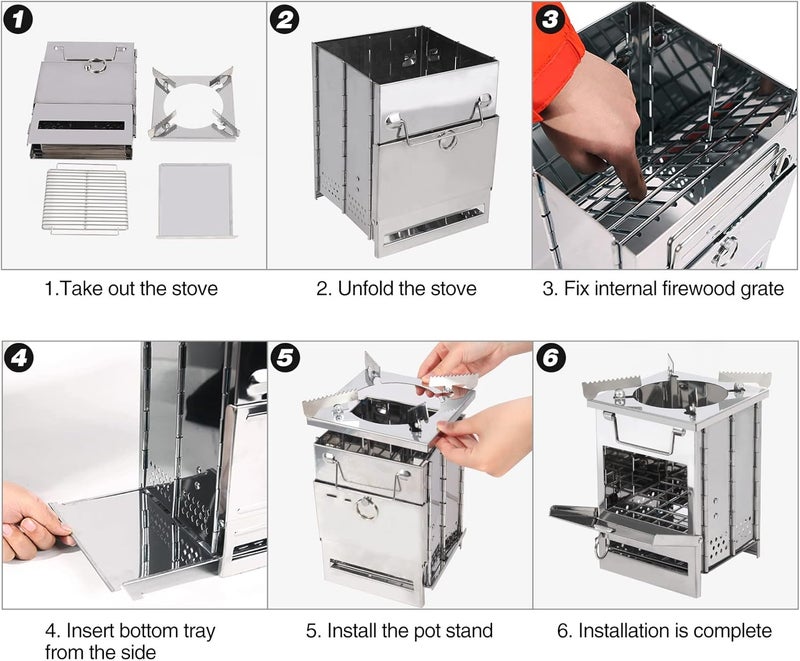 CAMPMAX Large Portable Camping Wood Stove for Cooking, 304 Stainless Steel Folding Lightweight Wood Burning Stove with Grid and Pot Stand for Outdoor Camping Hiking Backpacking BBQ Picnic - Image 5