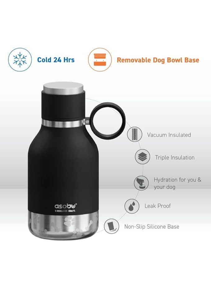 أسوبو اسوبو زجاجة سفر ستانلس ستيل معزولة مع طبق كلب مرفق لون اسود 33 اونصة - Image 2