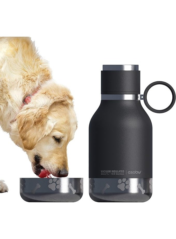 أسوبو اسوبو زجاجة سفر ستانلس ستيل معزولة مع طبق كلب مرفق لون اسود 33 اونصة - Image 1
