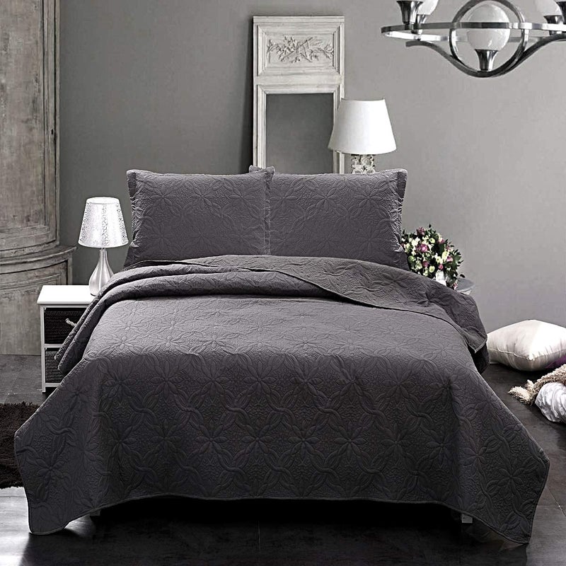 JML Quilts Set Bedspread Coverlet Set with Pillowcases  3 Piece Soft and Lightweight Bed Quilt for Spring Autumn and Summer Embossed Pattern  Dark Grey FullQueen88x92