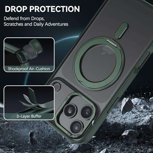 YINLAI for iPhone 17 Pro Max Case 6.9-inch, Magnetic Compatible with Magsafe, with 360° Rotatable Ring Stand, Anti-Fingerprint Skin-Friendly, Shockproof Full-Body Protective 17 Pro Max Case, Green - Image 5