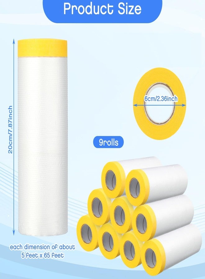 Seajan 9 Roll Painters Plastic with Tape Pre-stick Masking Film for Painting Auto Paint Adhesive Protective Film Masking Tape Roll Plastic Painting Cover (White, 5 x 65 Ft) - Image 2