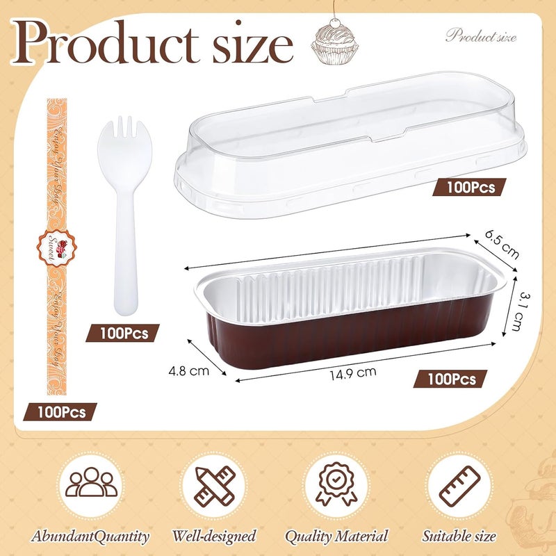 Tioncy 100 Pack Mini Loaf Pans with Lids and Spoons 6.8oz Rectangle Aluminum Foil Baking Pans Mini Cake Pans Disposable Tins Containers Fancy Muffin Pans Individual Dessert Cups, Chocolate Brown - Image 2