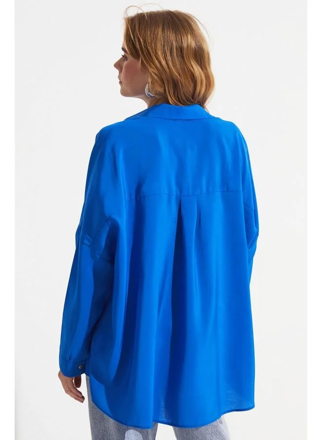 JUNE June Women Boyfriend/Wide Fit Modal Blend Woven Shirt Saxe