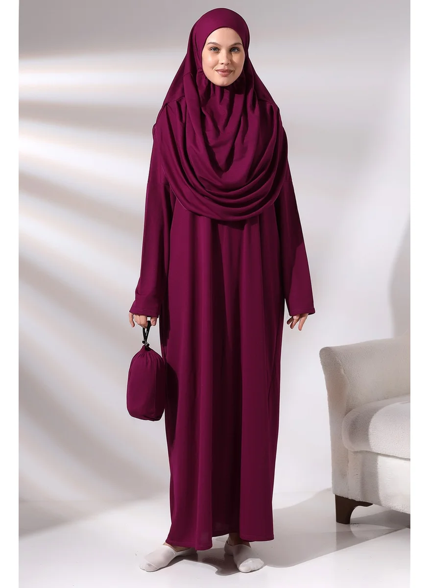 İhvan Ihvan Fuchsia Women's Practical Headscarf One-Piece Prayer Dress with Bag