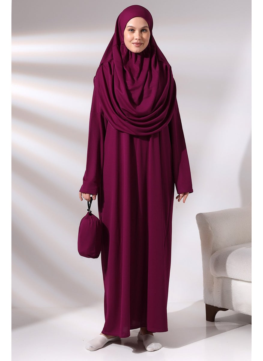 İhvan - Ihvan Fuchsia Women's Practical Headscarf One-Piece Prayer Dress with Bag - Image 1