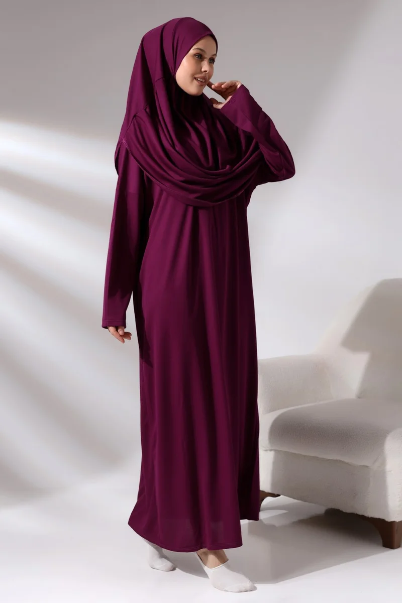 İhvan Ihvan Fuchsia Women's Practical Headscarf One-Piece Prayer Dress with Bag