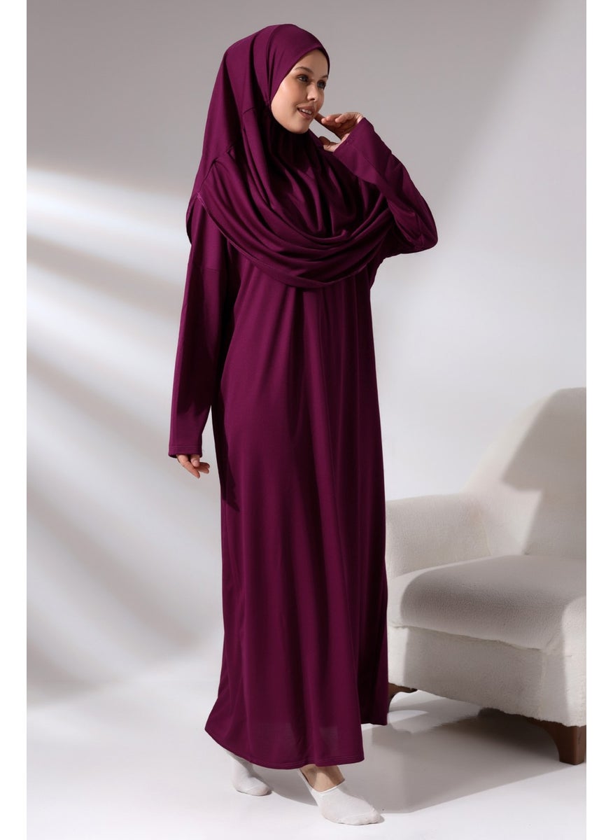 İhvan - Ihvan Fuchsia Women's Practical Headscarf One-Piece Prayer Dress with Bag - Image 1