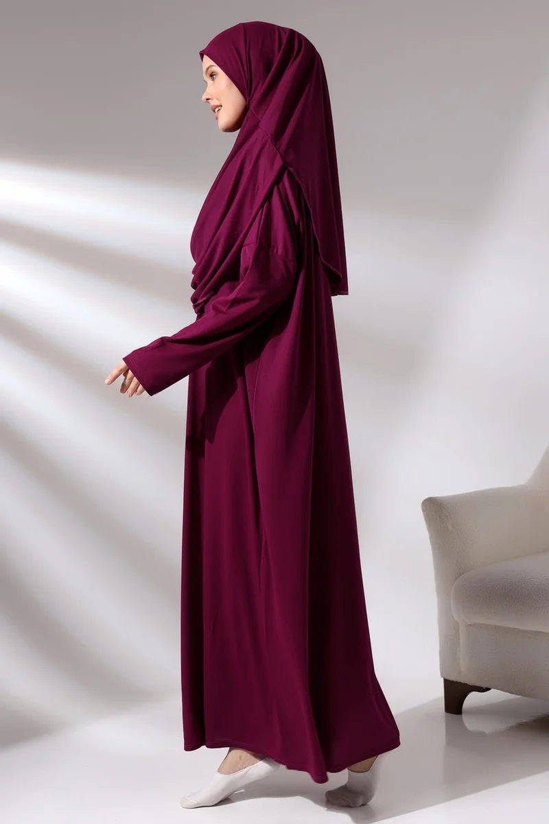 İhvan Ihvan Fuchsia Women's Practical Headscarf One-Piece Prayer Dress with Bag