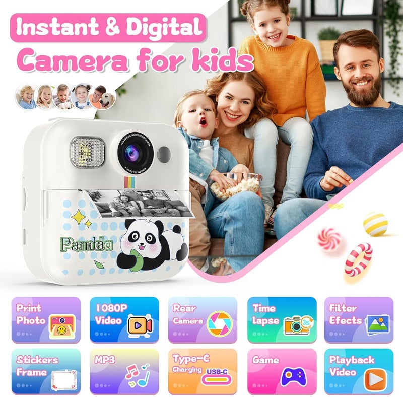 CASON Instant Camera for Kids with Print,1080P HD Instant Photo Camera with Games,3 Print Rolls,Fun Filters for Creativity for 5-15 Years Kids Upto 32GB (Panda) - Image 2