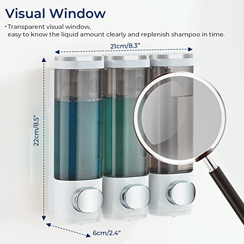 pollock Shampoo and Conditioner Dispenser, Shower Soap Dispenser 3 Chamber No Drill Shampoo Dispenser for Shower Wall Mounted Shampoo Conditioner Body Wash Dispenser for Bathroom,Large Capacity,White - Image 4