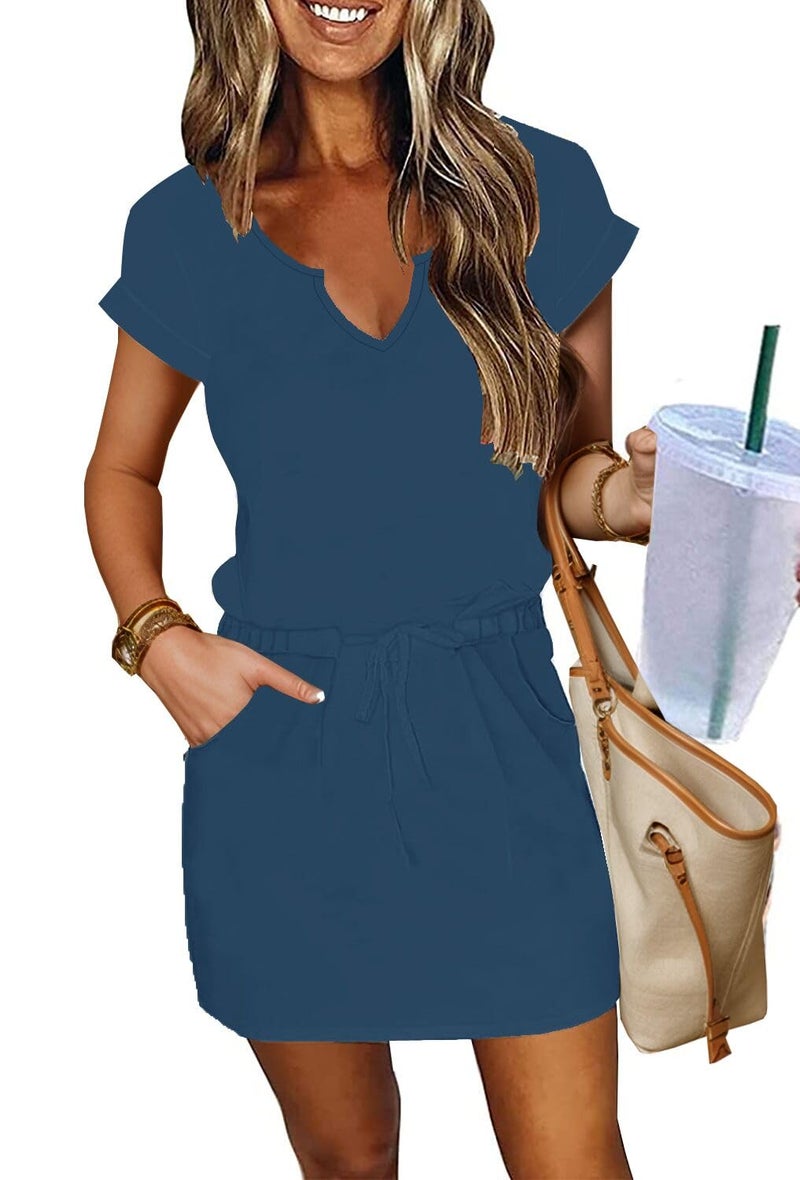 SAUKOLE Women Summer T Shirt Dress Casual Short Sleeve V Neck Dress with Pockets Drawstring Waist Short Dresses - Image 1
