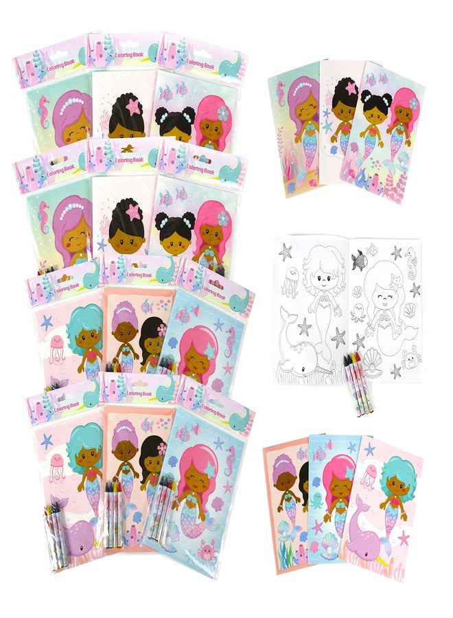 TINYMILLS Rainbow Mermaid Coloring Book Set for Kids Party Favors with 12 Coloring Books and 48 Crayons African American Girl Birthday Party Supplies Favor Bag Filler - Image 1