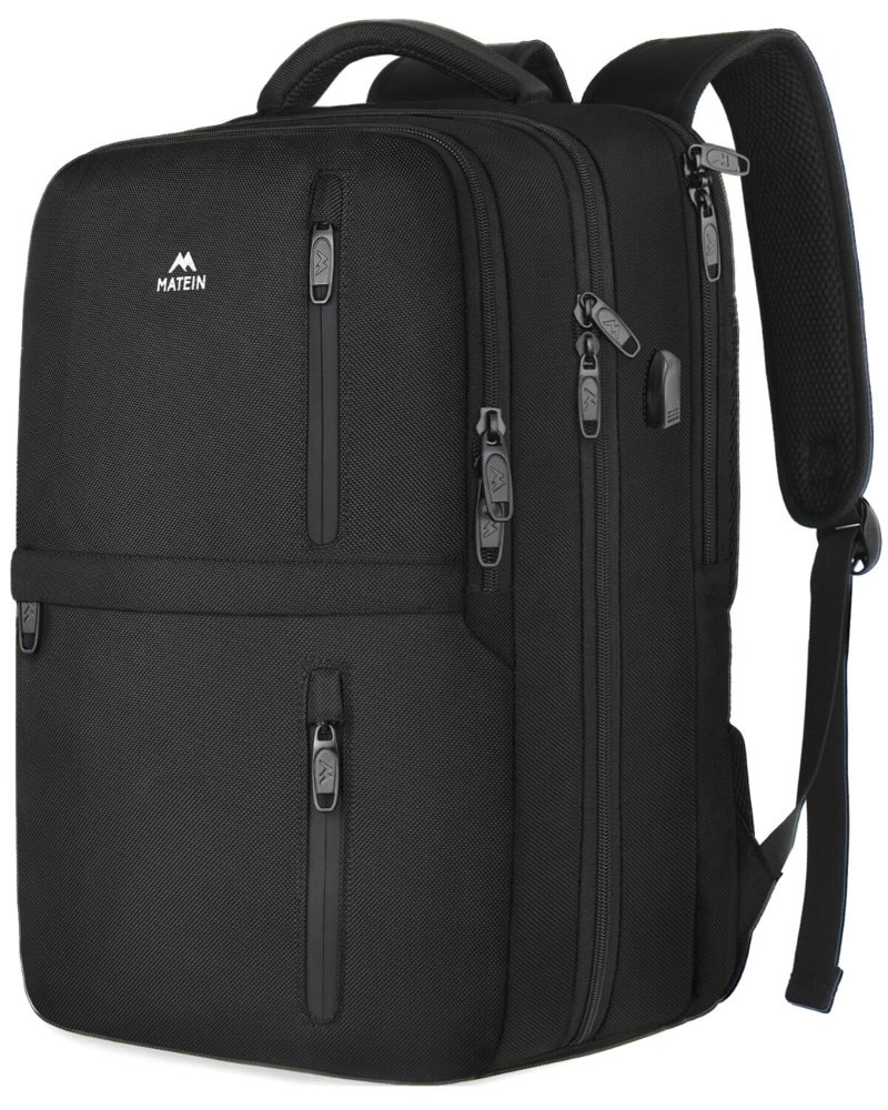 MATEIN Carry on Backpack, Flight Approved Travel Backpack with USB Port, TSA Personal Item Travel Bag fits 17" Laptop, Large Water Resistant Luggage Overnight Weekender Bag for Men & Women, Black - Image 1